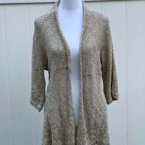 Eileen Fisher Crochet Woven Linen Blend Open Front Cardigan Size XS